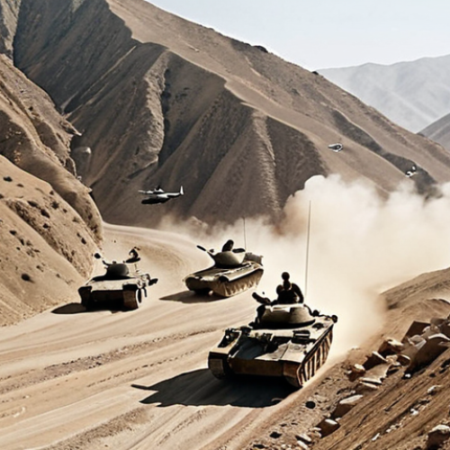 Home 13 ** A wide shot of Soviet tanks and armored personnel carriers advancing through a dusty, rugged mountain pass in Afghanistan, with Hind helicopters flying overhead. The scene should convey the overwhelming military force of the Soviet invasion against the vast, untamed Afghan landscape, emphasizing the beginning of a cold war hotspot in the steppe.
2. **