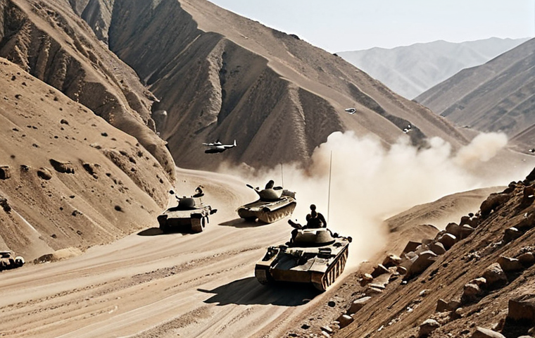 ** A wide shot of Soviet tanks and armored personnel carriers advancing through a dusty, rugged mountain pass in Afghanistan, with Hind helicopters flying overhead. The scene should convey the overwhelming military force of the Soviet invasion against the vast, untamed Afghan landscape, emphasizing the beginning of a cold war hotspot in the steppe.
2. **
