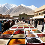 **

"A bustling marketplace in Kabul, Afghanistan, where traders from various ethnicities (Pashtun, Tajik, Hazara, Uzbek) are exchanging goods like silk, spices, carpets, and precious stones. The architecture reflects a mix of Persian and Central Asian styles, showcasing Afghanistan as a crossroads of cultures along the Silk Road. In the background, the snow-capped Hindu Kush mountains rise majestically."

**
