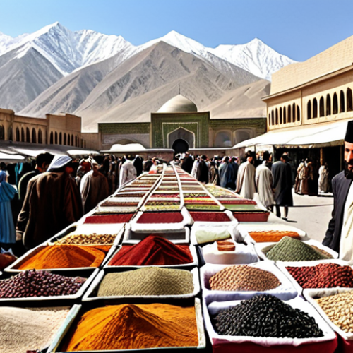 Home 8 **
"A bustling marketplace in Kabul, Afghanistan, where traders from various ethnicities (Pashtun, Tajik, Hazara, Uzbek) are exchanging goods like silk, spices, carpets, and precious stones. The architecture reflects a mix of Persian and Central Asian styles, showcasing Afghanistan as a crossroads of cultures along the Silk Road. In the background, the snow-capped Hindu Kush mountains rise majestically."
**