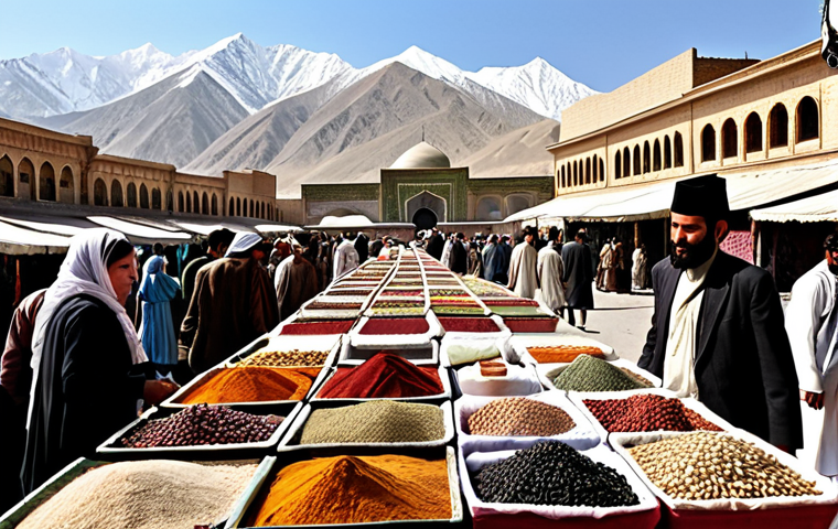 **
"A bustling marketplace in Kabul, Afghanistan, where traders from various ethnicities (Pashtun, Tajik, Hazara, Uzbek) are exchanging goods like silk, spices, carpets, and precious stones. The architecture reflects a mix of Persian and Central Asian styles, showcasing Afghanistan as a crossroads of cultures along the Silk Road. In the background, the snow-capped Hindu Kush mountains rise majestically."
**