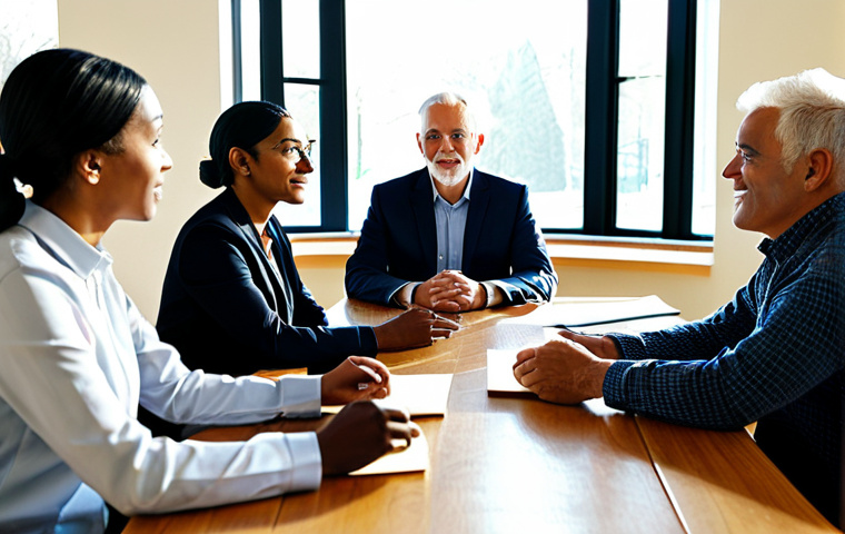 A diverse group of adults, male and female, from various backgrounds, engaged in a respectful interfaith dialogue, fully clothed in modest, professional attire. They are seated around a polished wooden table in a bright, modern community center, sunlight streaming through large windows. The atmosphere is calm and collaborative, reflecting mutual understanding and shared humanity. safe for work, appropriate content, perfect anatomy, correct proportions, natural pose, well-formed hands, proper finger count, natural body proportions, professional photography, high quality, family-friendly.