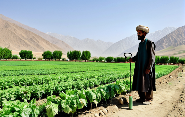 Sustainable Agriculture in Afghanistan**
"A vibrant, green Afghan farmland scene, featuring a farmer in modest clothing demonstrating drip irrigation to a group of locals, fully clothed, appropriate attire. Background shows mountains and a clear sky. The scene emphasizes sustainable farming practices and community involvement. Safe for work, appropriate content, family-friendly, perfect anatomy, natural proportions, professional photography, high quality."
**
