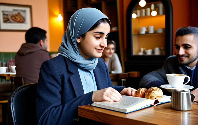 Learning Pashto - Cultural Immersion**
"A young woman in professional attire, studying a Pashto language book in a cozy cafe in Berlin. Background shows a diverse group of people enjoying coffee and pastries. The scene is warm and inviting. Focus on the woman's engaged expression as she learns. fully clothed, modest clothing, appropriate attire, safe for work, perfect anatomy, natural proportions, professional photography, high quality, family-friendly"
**