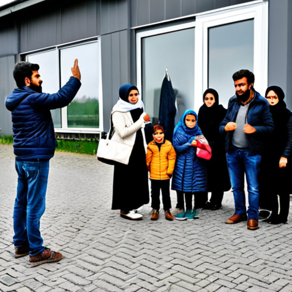 Refugee Arrival in Germany**

"A group of fully clothed Afghan refugees, families with children, arriving at a welcoming center in Germany, greeted by volunteers, modest clothing, appropriate attire, safe for work, perfect anatomy, natural proportions, well-formed hands, proper finger count, a sign in the background saying "Willkommen!", professional, family-friendly, daytime, overcast weather."

**