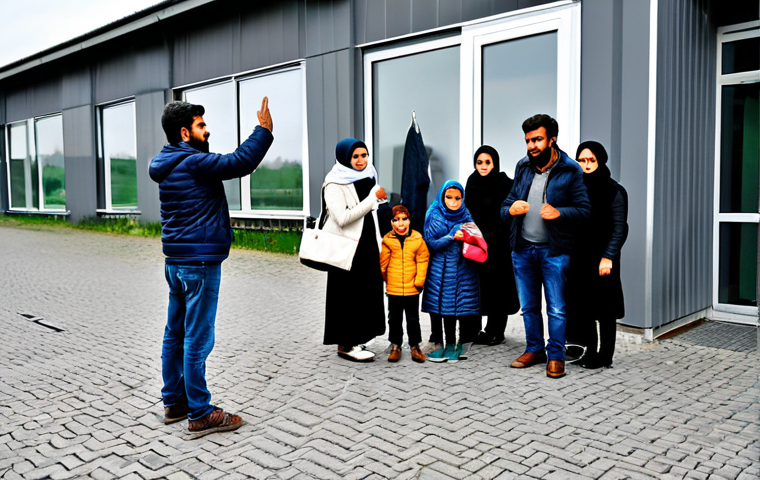 Refugee Arrival in Germany**
"A group of fully clothed Afghan refugees, families with children, arriving at a welcoming center in Germany, greeted by volunteers, modest clothing, appropriate attire, safe for work, perfect anatomy, natural proportions, well-formed hands, proper finger count, a sign in the background saying "Willkommen!", professional, family-friendly, daytime, overcast weather."
**