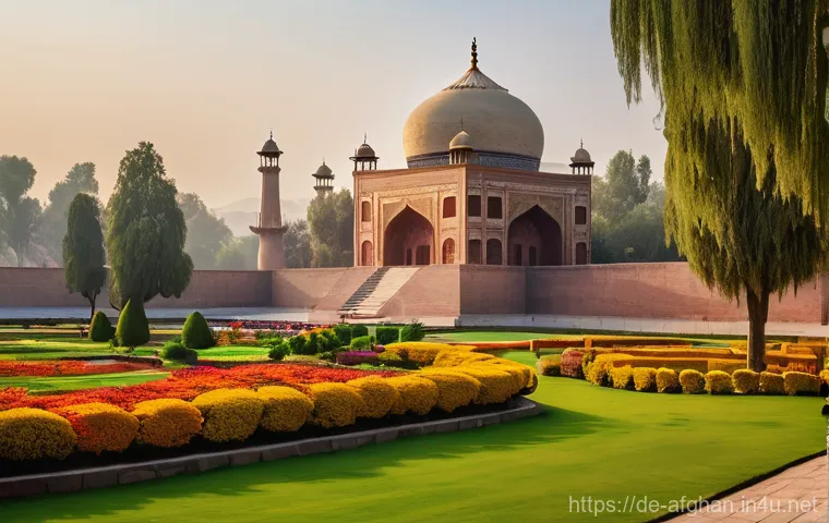 카불 관광 명소 - **A Serene Mughal Garden in Kabul:** A breathtaking, wide-angle view of the Bagh-e Babur (Gardens of...