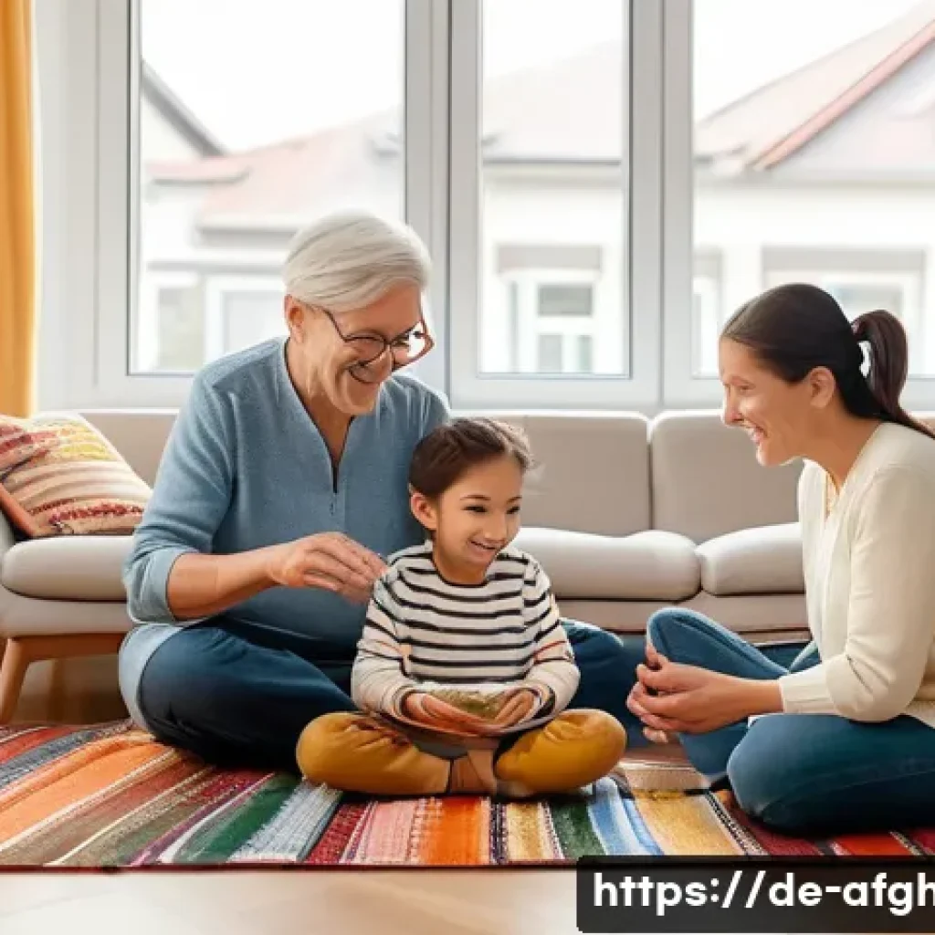 민족 언어와 사용률 - A warm, cozy family living room scene in a modern German apartment, showing parents and grandparents...