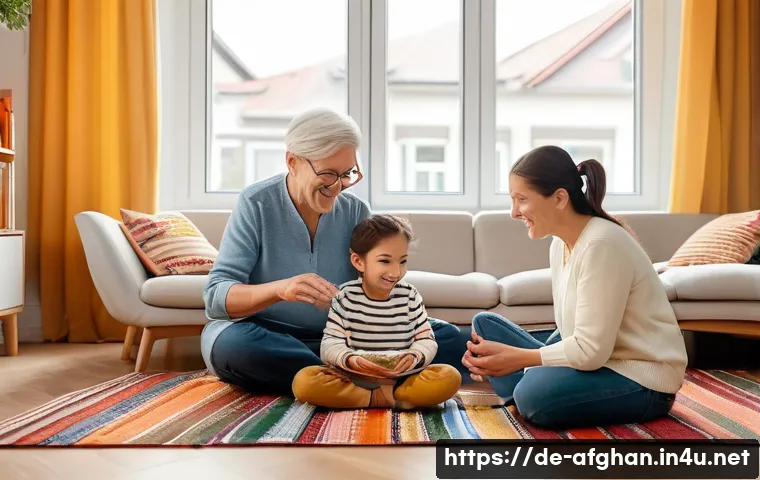 민족 언어와 사용률 - A warm, cozy family living room scene in a modern German apartment, showing parents and grandparents...