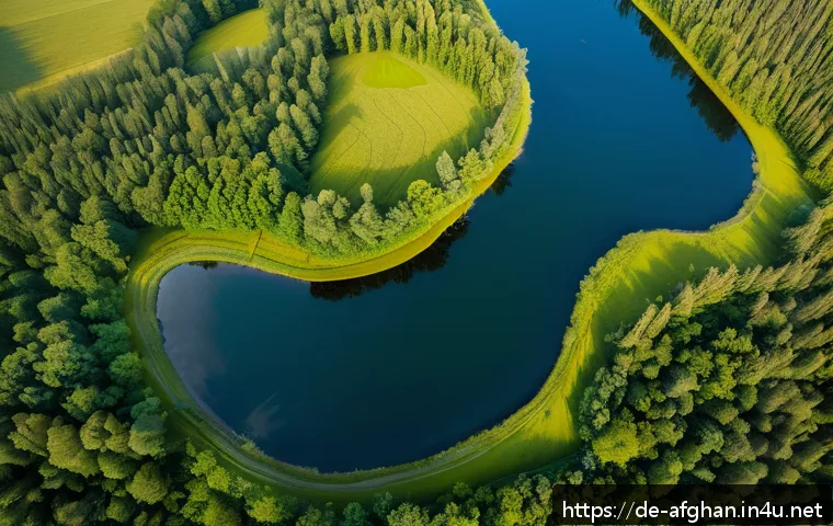 희귀 동식물 보호 프로젝트 - A detailed aerial view of a dense German forest and wetland habitat captured by a drone at golden ho...