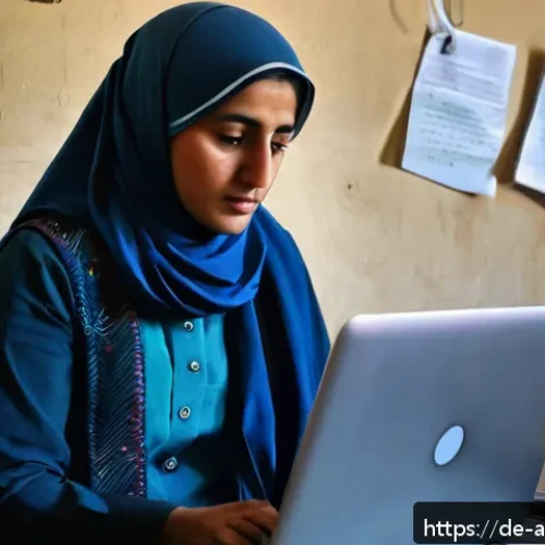 Home 30 아프가니스탄 언론의 자유 - A determined Afghan female journalist wearing modest professional clothing and a headscarf, sitting ...