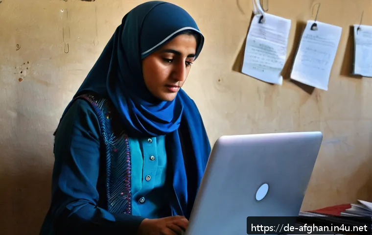 아프가니스탄 언론의 자유 - A determined Afghan female journalist wearing modest professional clothing and a headscarf, sitting ...