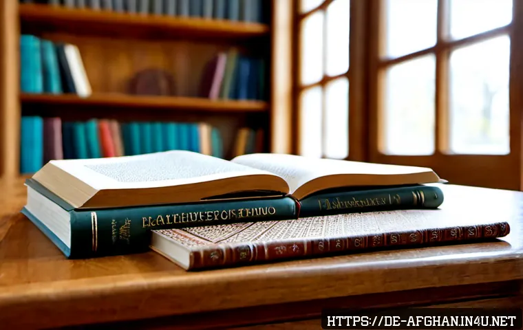 파슈토 문학 작품 소개 - Photorealistic close-up of an elegant German library table displaying several richly patterned, text...