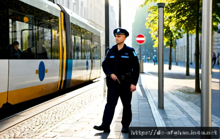 테러와 치안 문제 - Photorealistic early morning street scene in a clean German city center, two uniformed police office...