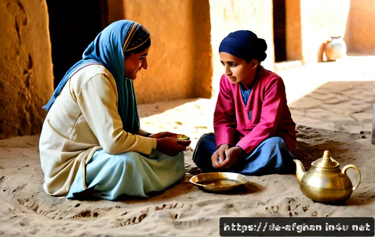 파슈툰족의 전통과 삶 - Photorealistic documentary-style scene of a Pashtun family sharing traditional tea and bread in a su...